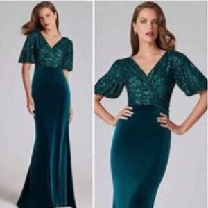 NEW w/tag Teri Jon by Rickie Freeman Velvet Sequin Top Gown Dress Teal Green 4